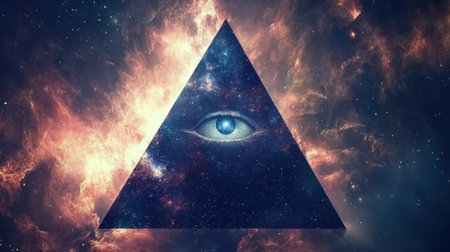 Illuminati pyramid with the Eye of Providence, surrounded by a swirling cosmic space with vibrant galaxies and stardust.の素材
