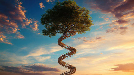 Nature meets science: a tree with a twisted DNA-shaped trunk growing against a vibrant sky.の素材