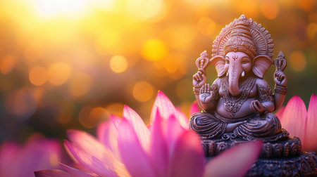 Intricate Ganesha statue on a lotus flower, set against a vibrant bokeh background, radiating spiritual energy and peace.の素材