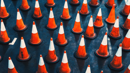 Orange and white traffic cones placed in a pattern along a road, signaling construction ahead.の素材
