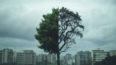 One tree split between lush green leaves and withered branches, representing two environmental futures for an urban skylineの素材