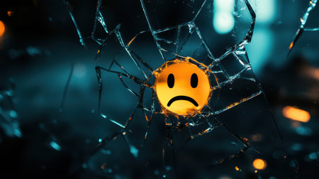 Shattered glass with a sad emoticon highlighted in the center, symbolizing emotional cracks and vulnerability.の素材
