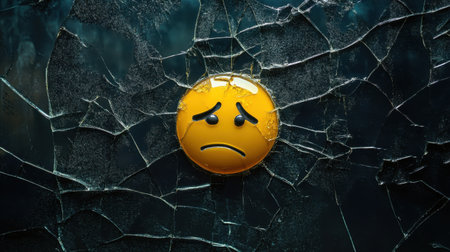 Sad face emoji on a cracked black glass background, representing the theme of emotional fractures and heartbreak.の素材