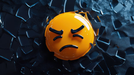 Sad emoji cast on a background of black shattered glass, expressing the idea of emotional breakage.の素材