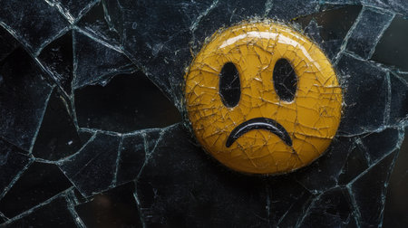 Sad emoji cast on a background of black shattered glass, expressing the idea of emotional breakage.の素材
