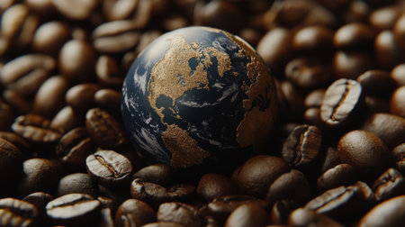 Textured earth globe surrounded by coffee beans, emphasizing the global reach and importance of coffee trade.の素材
