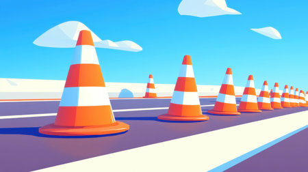 Traffic cones in bright orange and white lined up on a road, ready for roadwork or traffic managementの素材