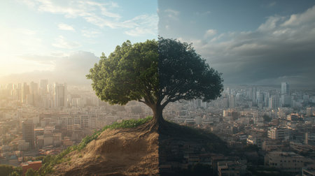 Symbolic tree showing environmental contrast--one side flourishing, the other withered--set against a city backdrop.の素材