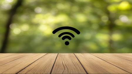 Wifi icon in black set on a wooden surface, with the blurry backdrop highlighting modern connectivity in everyday life.の素材
