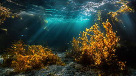 Underwater seascape with glowing turquoise lights outlining seaweed and marine plants in the calm depths of the oceanの素材