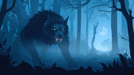 Cartoon image of werewolf man in misty, dark forest, eerie and suspenseful atmosphereの素材