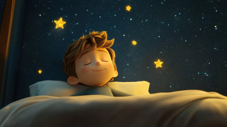 Cartoon image of sleepy boy in bed, dreaming at night of stars and space, with a night sky full of wonderの素材