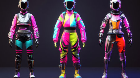 Bold 80s color schemes and metallic accents, futuristic fashion blending retro inspiration with modern techの素材