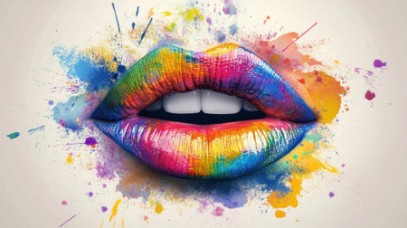 Close-up of colorful lips with multicolored paint splashes, creating bold and vibrant art poster effectの素材