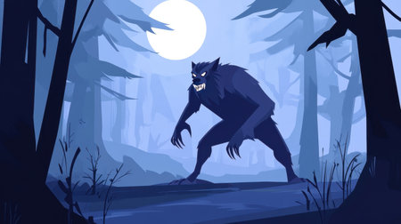 Cartoon image of werewolf man in misty, dark forest, eerie and suspenseful atmosphereの素材