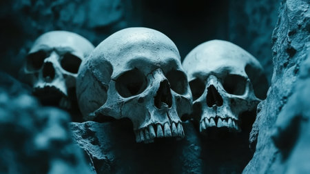 Close-up of human skulls in underground cemetery, dark and mysterious, with ancient burial settingの素材