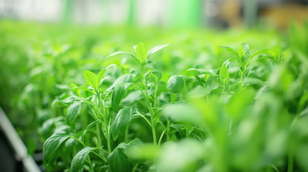 Close-up of crops thriving under solar panels, showcasing sustainable farming with innovative agrivoltaic techniquesの素材