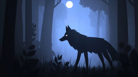 Cartoon werewolf in dark forest, surrounded by mist, eerie atmosphere with gothic and fantasy vibeの素材