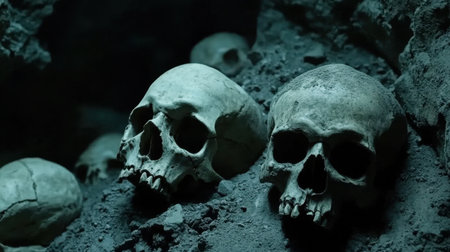 Close-up of human skulls in underground cemetery, dark and mysterious, with ancient burial settingの素材