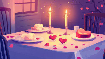 Cozy Valentine dinner vector, soft candle glow, heart-shaped flowers, and romantic ambiance with rose petalsの素材
