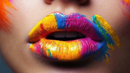 Close-up of colorful lips with paint splashes, vibrant and artistic expression perfect for creative postersの素材
