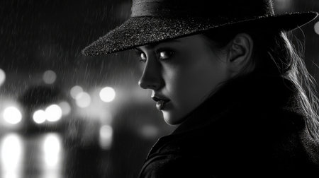 Comic noir detective girl, wearing hat and raincoat, on dark street at night with foggy atmosphereの素材