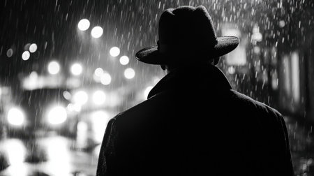 Dangerous figure in hat and coat, standing in rainy street at night, shadowy and intenseの素材