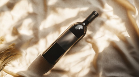 Dark glass wine bottle mockup with clean, minimalist label, set on soft beige fabric, lit warmly for an elegant look and premium feelの素材