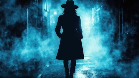 Detective girl in hat and coat, comic noir style, standing on street at night with fog and shadowsの素材