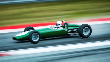 Fast-moving green racing car on Formula One track, intense speed and focus, capturing dynamic race motionの素材