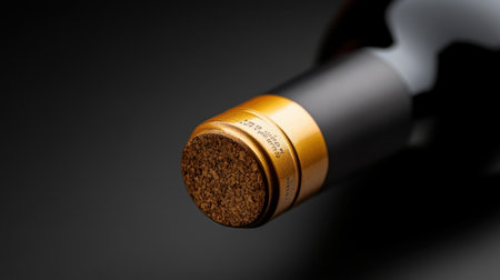 Dark wine bottle with cork and label mockup, set on a black background with soft lighting, giving a luxurious, premium feelの素材