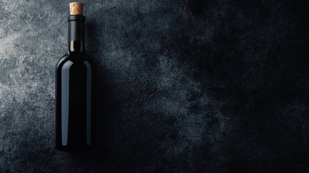 Dark wine bottle with cork and label mockup, set on a black background with soft lighting, giving a luxurious, premium feelの素材
