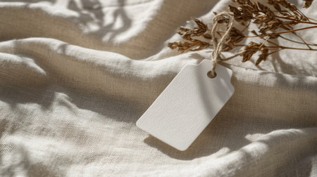 Elegant clothing tag mockup with rounded edges, soft shadows, placed on a natural cotton fabric background, professional lookの素材