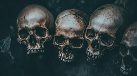 Human skulls and bones in dark underground burial, dimly lit, eerie atmosphere of historic cemeteryの素材