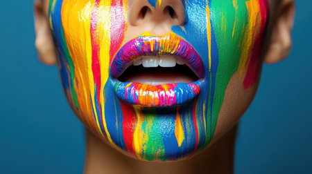 Female mouth with bright, multicolored paint splashes, vibrant art poster capturing creative energyの素材