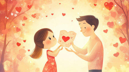 Excited child shares a handmade Valentine card with parent, creating a warm family scene for Valentine Dayの素材