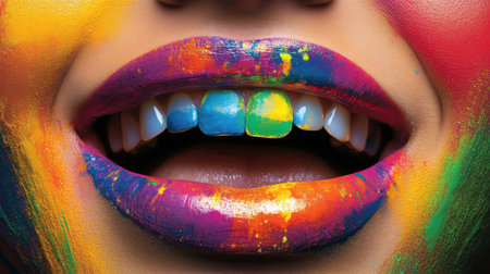 Female mouth with bright, multicolored paint splashes, vibrant art poster capturing creative energyの素材
