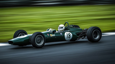 Green race car zooming on Formula One track, capturing the thrill and intensity of competitive racingの素材