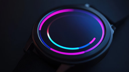 Minimalist smartwatch mockup with customizable round display, black band, set on a dark background for a futuristic styleの素材