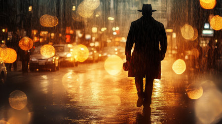 Male silhouette in rainy street, hat and coat in shadow, creating a haunting atmosphereの素材