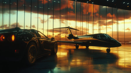 Luxury jet and black car side-by-side at airport, sleek and sophisticated transportation settingの素材