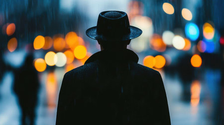 Male silhouette in rainy street, hat and coat in shadow, creating a haunting atmosphereの素材