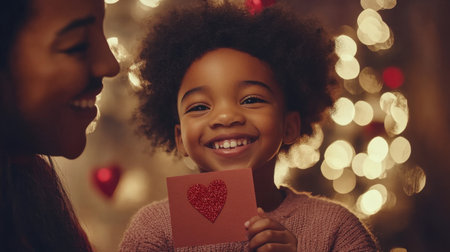 Joyful moment of a child presenting a handmade Valentine card, parent smile capturing the love of family on Valentine Dayの素材