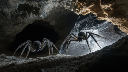 Large, eerie spiders in webs inside a dark cave, night setting capturing a chilling atmosphereの素材