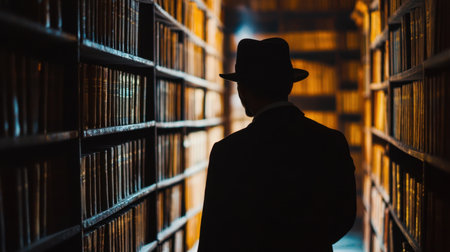 Mysterious man in hat, silhouette in dark library, classic spy theme with shadowed bookcasesの素材