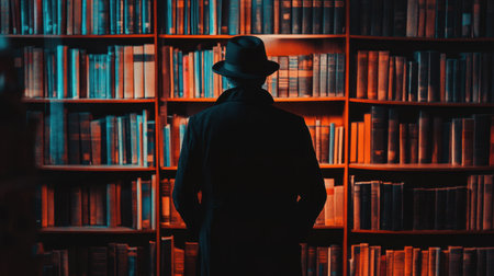 Library with man silhouette, dressed as spy with hat and coat, mysterious and moody lightingの素材