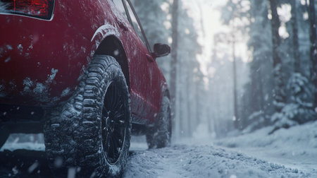 Rear wheel of car in snow, red vehicle driving through winter forest, detailed close-up of snowy conditionsの素材