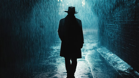 Mysterious man silhouette in rain, hat and trench coat, shadowy, sinister mood on dark city streetの素材