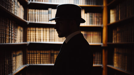 Mysterious man in hat, silhouette in dark library, classic spy theme with shadowed bookcasesの素材
