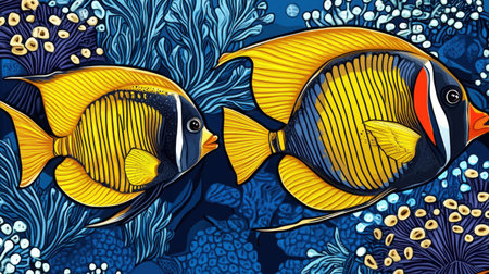 Ocean-inspired seamless pattern with tropical fish and marine plants, playful and aquatic lookの素材